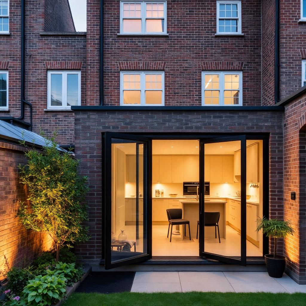 Completed full-width rear extension with steel-framed glazing at dusk — Victorian House Rear Extension, Kensington W8